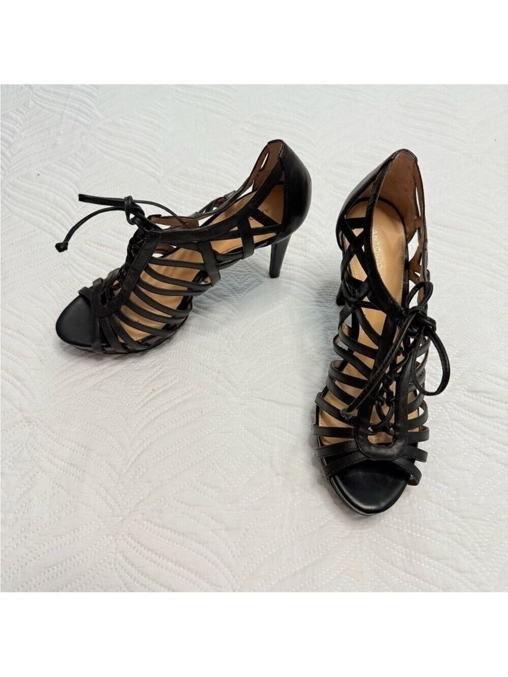 Antonio Melani Women’s Black Leather Caged Lace Up Platform Heels. Size 9.5